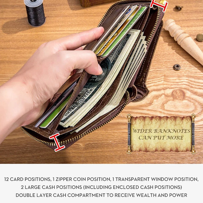 BULLCAPTAIN 231 Zipper Wallet RFID Blocking Top-Layer Cowhide Leather Card Carrying Pouch Coin Storage Bag - Coffee - 6