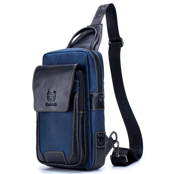 BULLCAPTAIN 9999 Top-Layer Cowhide Leather Chest Bag Crossbody Bag Daypack for Travel, Shopping, Business Trip - Black / Blue - 1