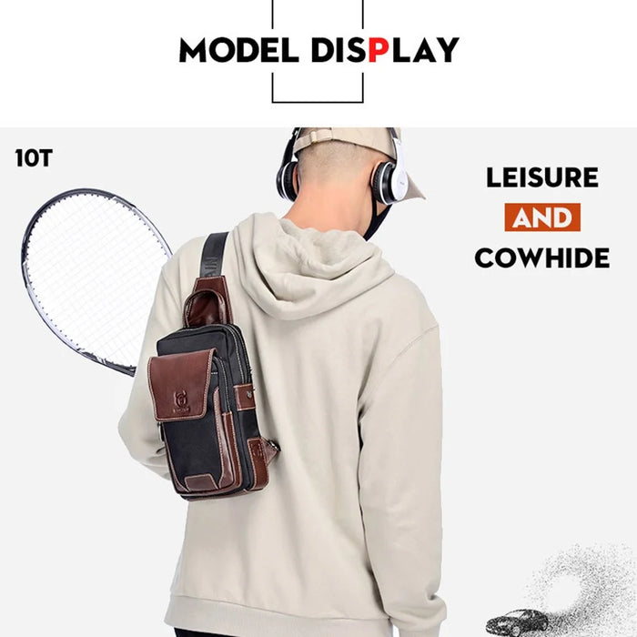 BULLCAPTAIN 9999 Top-Layer Cowhide Leather Chest Bag Crossbody Bag Daypack for Travel, Shopping, Business Trip - Black / Blue - 6