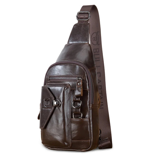 BULLCAPTAIN 520 Mortise Lock Chest Bag Top-Layer Cowhide Leather Crossbody Bag Daypack - Coffee - 1