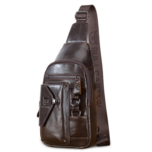 BULLCAPTAIN 520 Mortise Lock Chest Bag Top-Layer Cowhide Leather Crossbody Bag Daypack - Coffee - 1