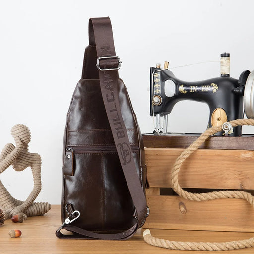 BULLCAPTAIN 520 Mortise Lock Chest Bag Top-Layer Cowhide Leather Crossbody Bag Daypack - Coffee - 2