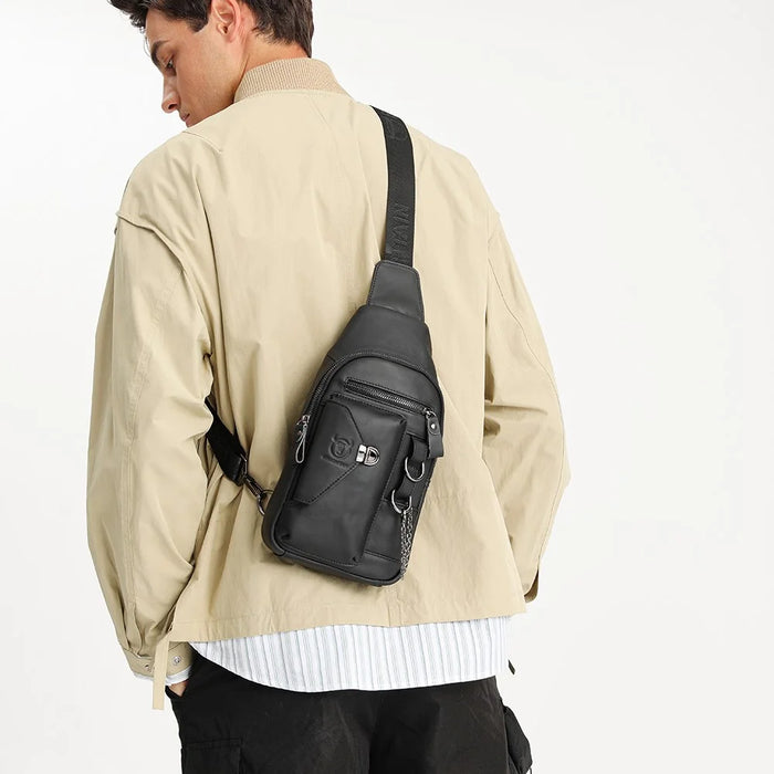 BULLCAPTAIN 520 Mortise Lock Chest Bag Top-Layer Cowhide Leather Crossbody Bag Daypack - Coffee - 6