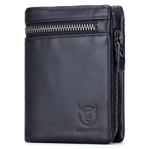 BULLCAPTAIN 03 Top-Layer Cowhide Leather Wallet Folding Design Multiple Card Slots Pouch Coin Bag - Black - 1