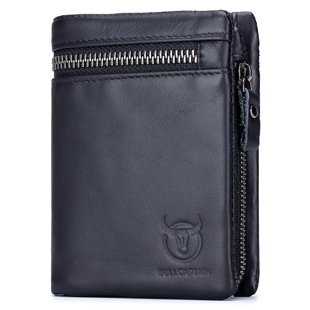 BULLCAPTAIN 03 Top-Layer Cowhide Leather Wallet Folding Design Multiple Card Slots Pouch Coin Bag - Black - 1