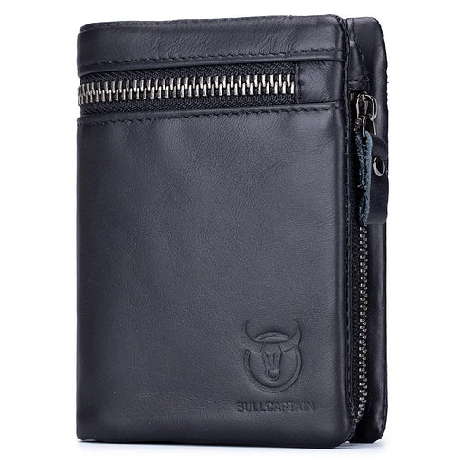 BULLCAPTAIN 03 Top-Layer Cowhide Leather Wallet Folding Design Multiple Card Slots Pouch Coin Bag - Black - 1