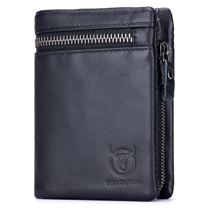BULLCAPTAIN 03 Top-Layer Cowhide Leather Wallet Folding Design Multiple Card Slots Pouch Coin Bag - Black - 1