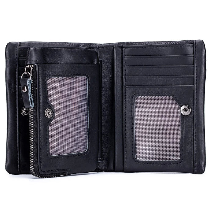 BULLCAPTAIN 03 Top-Layer Cowhide Leather Wallet Folding Design Multiple Card Slots Pouch Coin Bag - Black - 4