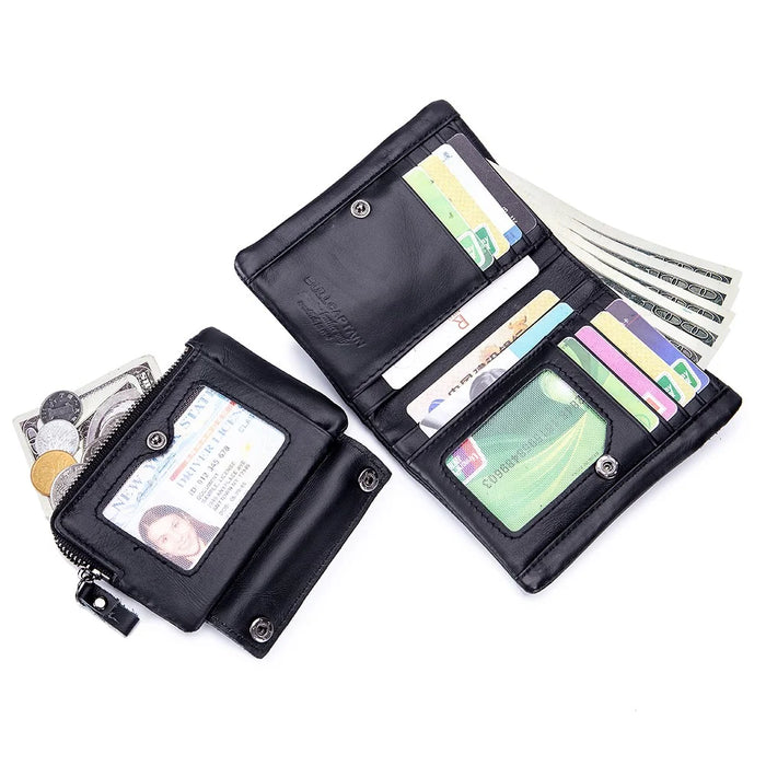 BULLCAPTAIN 03 Top-Layer Cowhide Leather Wallet Folding Design Multiple Card Slots Pouch Coin Bag - Black - 5
