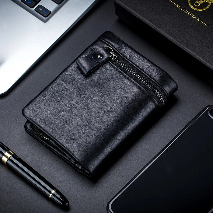 BULLCAPTAIN 03 Top-Layer Cowhide Leather Wallet Folding Design Multiple Card Slots Pouch Coin Bag - Black - 6