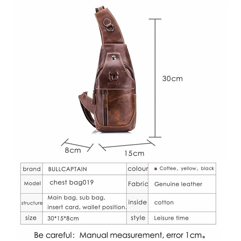 BULLCAPTAIN 019 Retro Top Layer Cowhide Men Chest Bag Casual Single Shoulder Bag - Dark Brown - 6