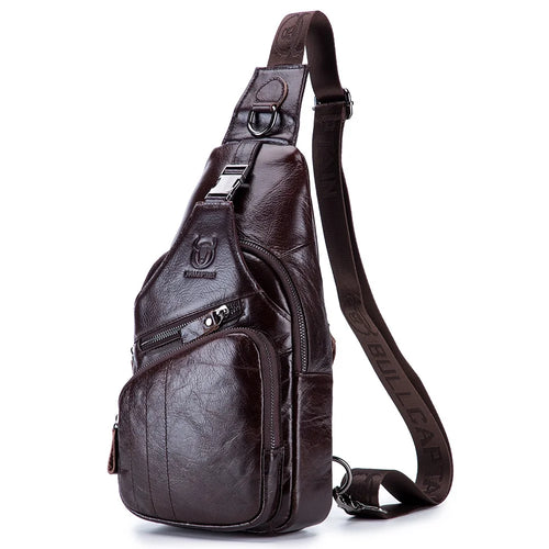 BULLCAPTAIN 105 Top Layer Cowhide Leather Chest Bag Men Casual Sport Single Shoulder Bag, Size S - Coffee - 1