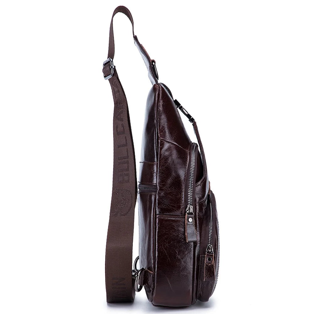 BULLCAPTAIN 105 Top Layer Cowhide Leather Chest Bag Men Casual Sport Single Shoulder Bag, Size S - Coffee - 3