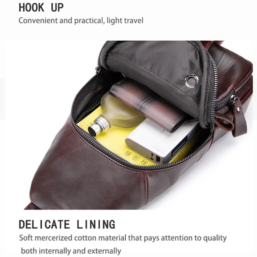 BULLCAPTAIN 105 Top Layer Cowhide Leather Chest Bag Men Casual Sport Single Shoulder Bag, Size S - Coffee - 6