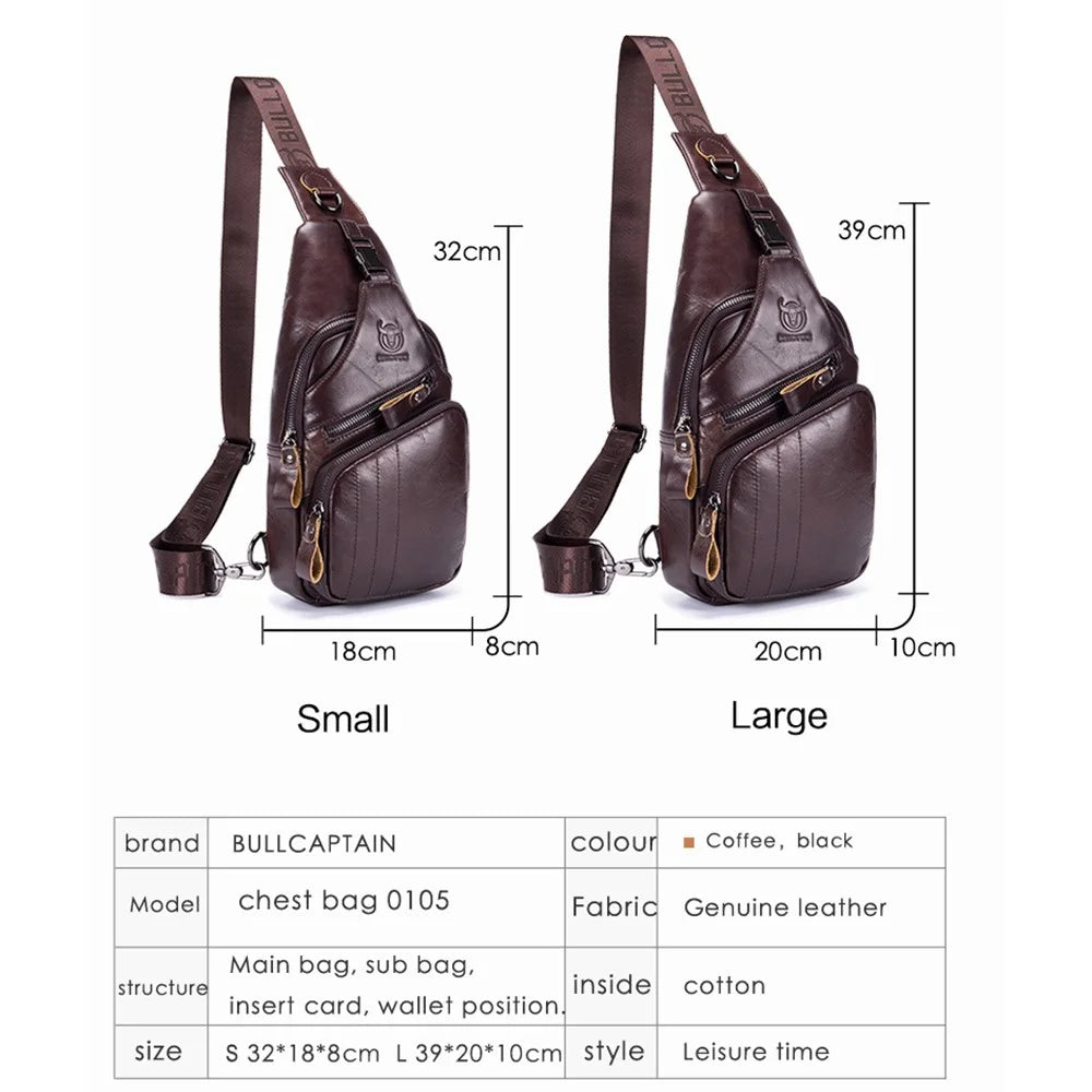 BULLCAPTAIN 105 Top Layer Cowhide Leather Chest Bag Men Casual Sport Single Shoulder Bag, Size S - Coffee - 7