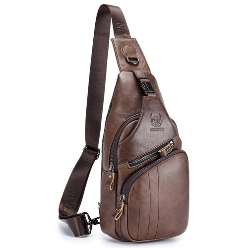 BULLCAPTAIN 105 Casual Sport Men Chest Bag Top Layer Cowhide Leather Single Shoulder Bag, Size L - Coffee - 1