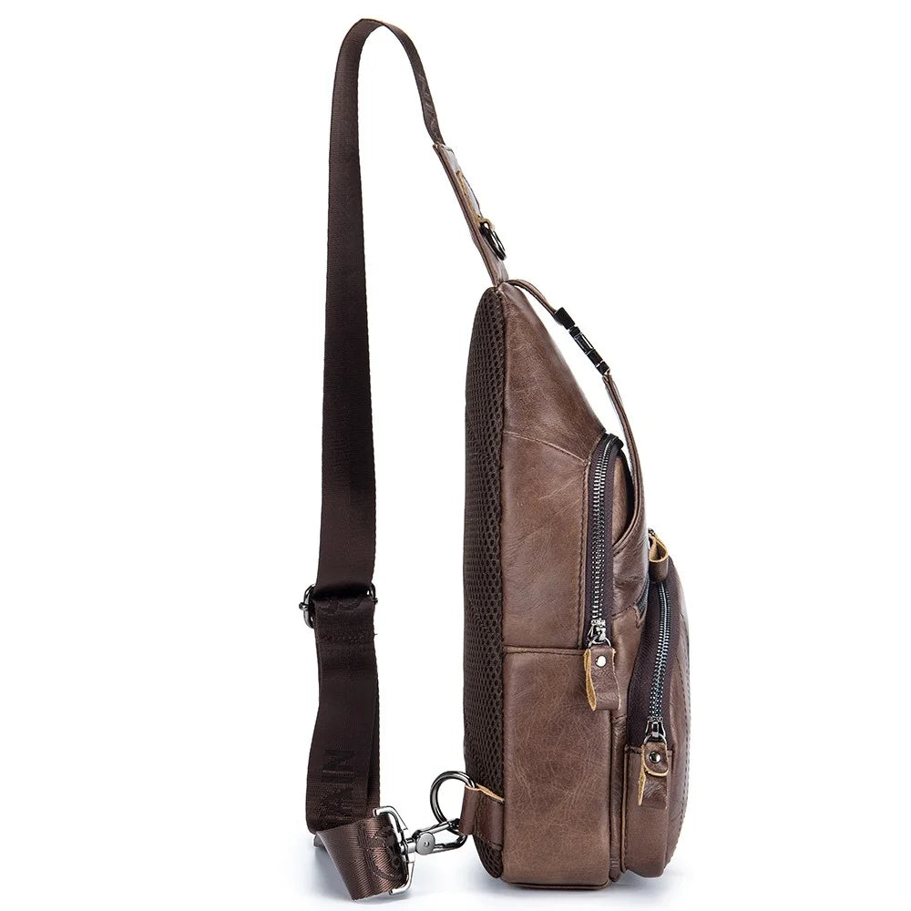 BULLCAPTAIN 105 Casual Sport Men Chest Bag Top Layer Cowhide Leather Single Shoulder Bag, Size L - Coffee - 2