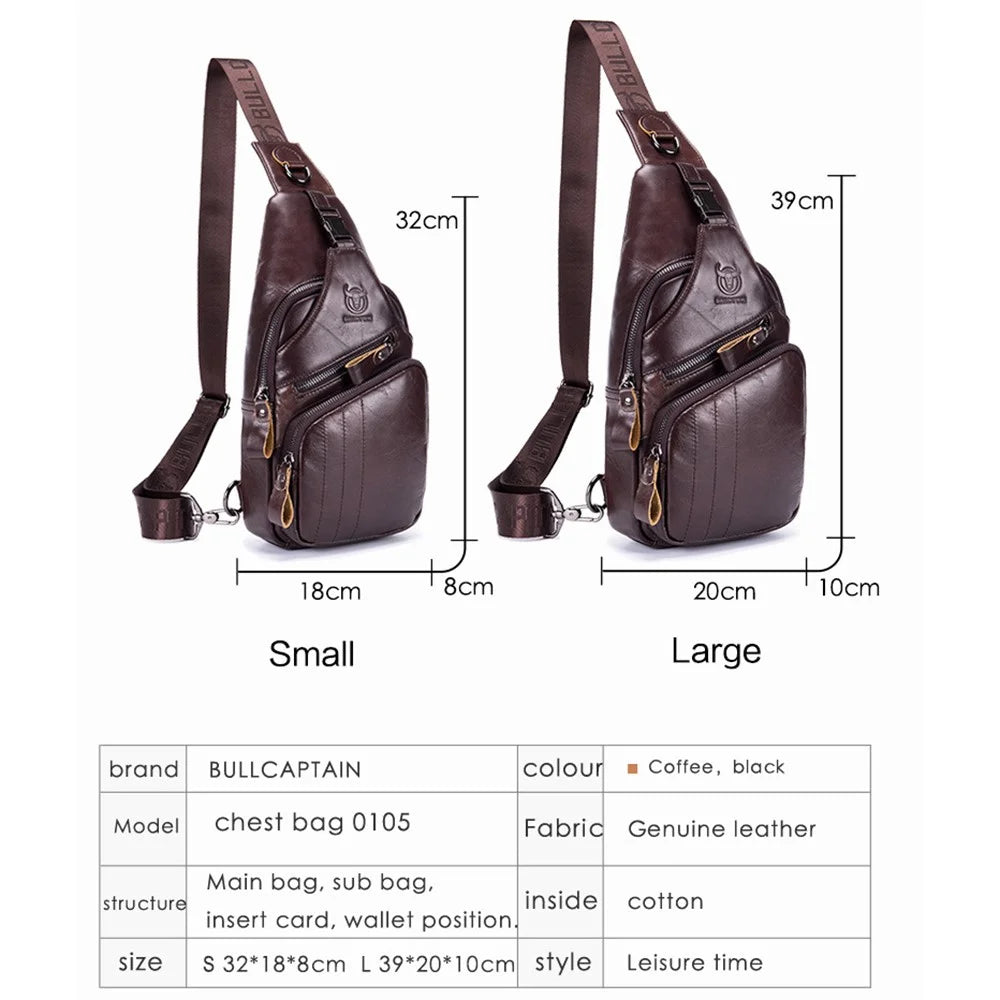 BULLCAPTAIN 105 Casual Sport Men Chest Bag Top Layer Cowhide Leather Single Shoulder Bag, Size L - Coffee - 7