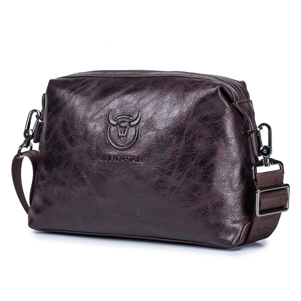 BULLCAPTAIN 0304 Splash Proof Waxy Top Layer Cowhide Leather Crossbody Pouch Zipper Shoulder Bag - Coffee - 1