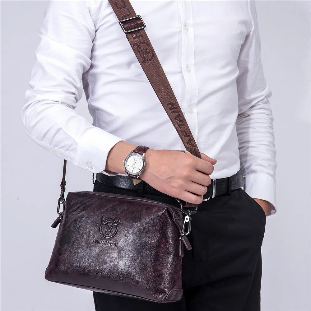BULLCAPTAIN 0304 Splash Proof Waxy Top Layer Cowhide Leather Crossbody Pouch Zipper Shoulder Bag - Coffee - 2