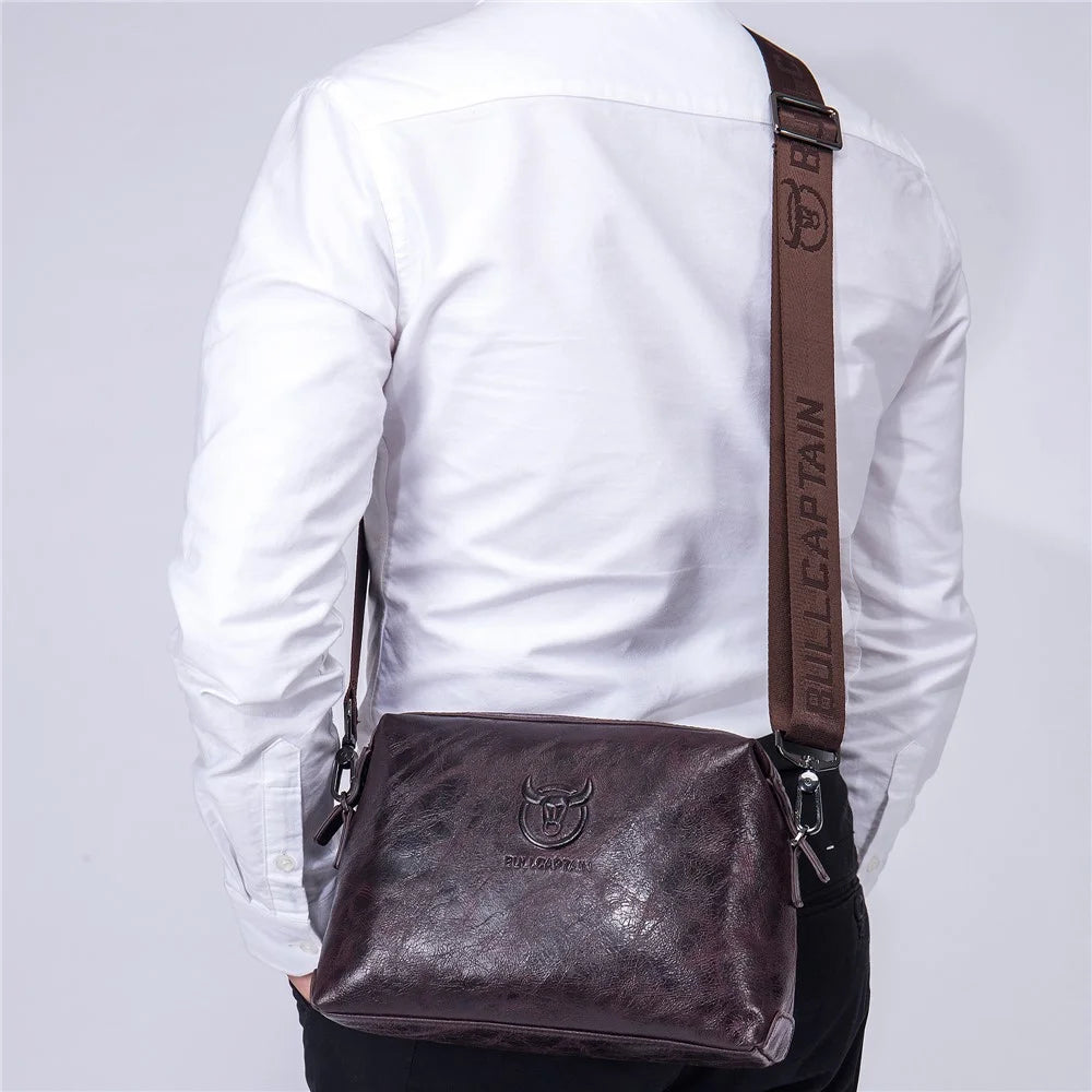 BULLCAPTAIN 0304 Splash Proof Waxy Top Layer Cowhide Leather Crossbody Pouch Zipper Shoulder Bag - Coffee - 3