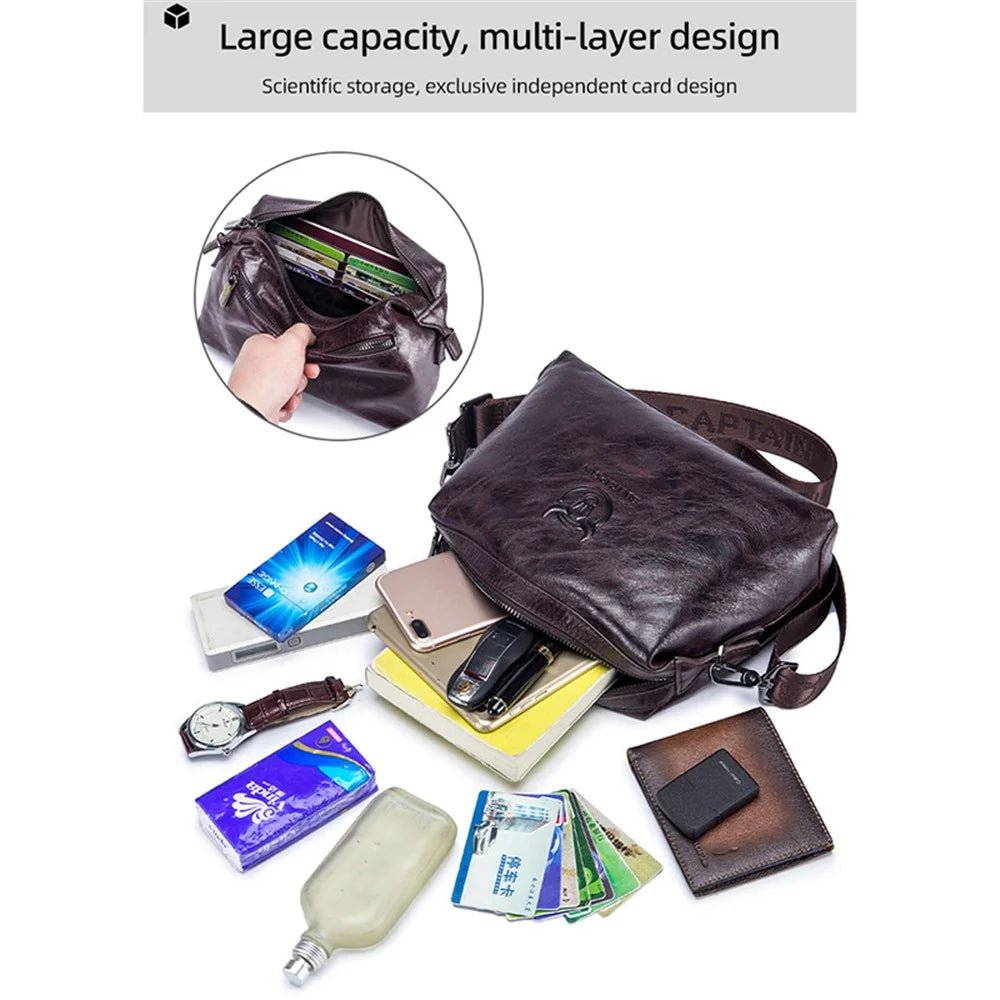 BULLCAPTAIN 0304 Splash Proof Waxy Top Layer Cowhide Leather Crossbody Pouch Zipper Shoulder Bag - Coffee - 4