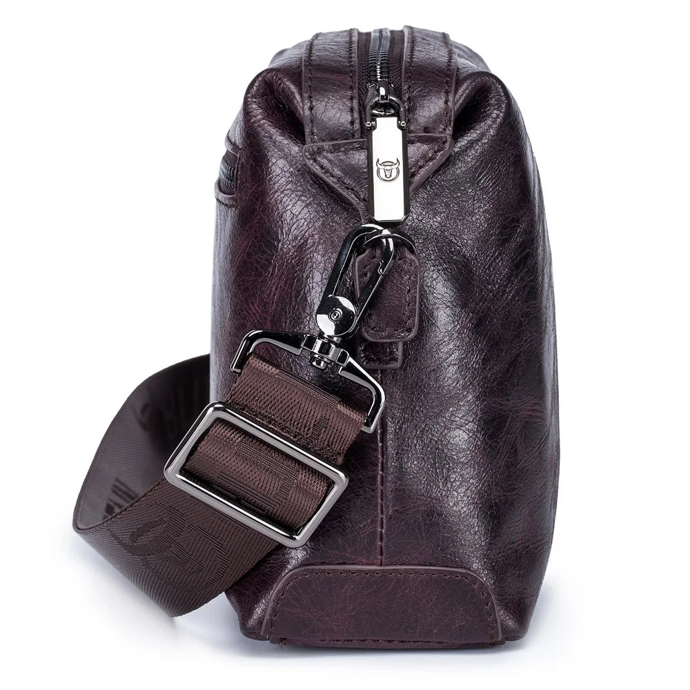 BULLCAPTAIN 0304 Splash Proof Waxy Top Layer Cowhide Leather Crossbody Pouch Zipper Shoulder Bag - Coffee - 5