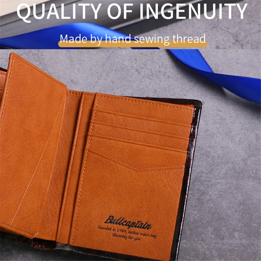 BULLCAPTAIN 039 RFID Blocking Color Splicing Top Layer Cowhide Leather Card Holder Short Wallet - Coffee - 3