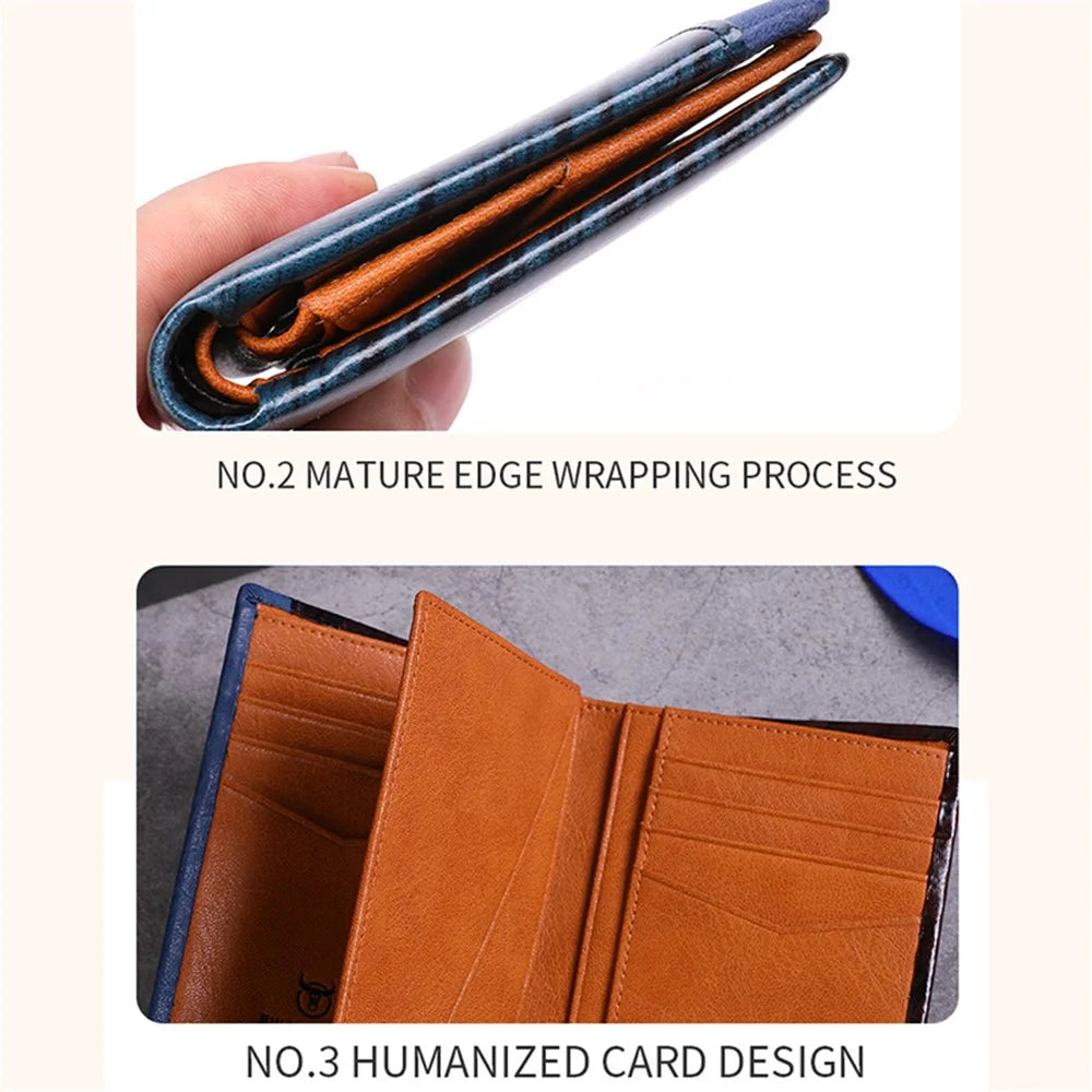 BULLCAPTAIN 039 RFID Blocking Color Splicing Top Layer Cowhide Leather Card Holder Short Wallet - Coffee - 6