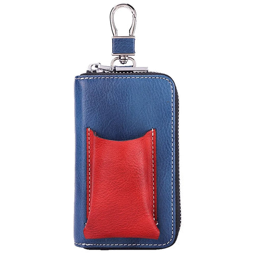 BULLCAPTAIN 499 Keys Holder Bag with Card Slot Top Layer Cowhide Leather Zipper Key Case - Blue+Red - 1