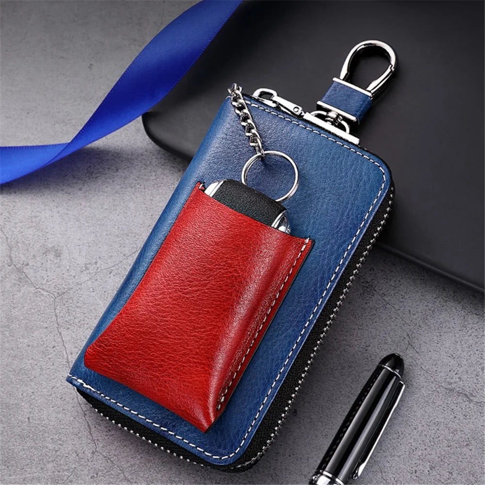 BULLCAPTAIN 499 Keys Holder Bag with Card Slot Top Layer Cowhide Leather Zipper Key Case - Blue+Red - 3