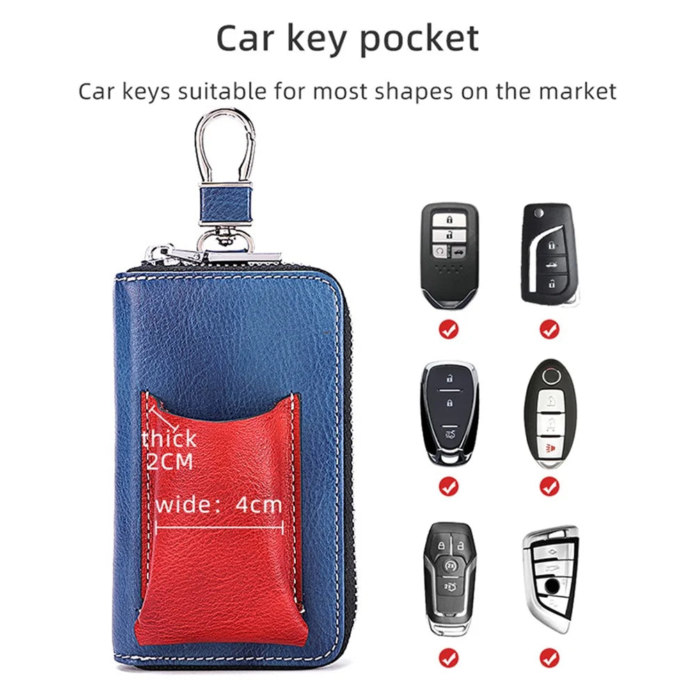 BULLCAPTAIN 499 Keys Holder Bag with Card Slot Top Layer Cowhide Leather Zipper Key Case - Blue+Red - 4