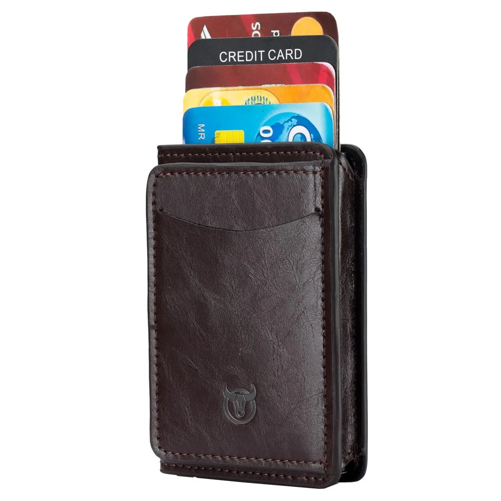 BULLCAPTAIN 464 Top Layer Cowhide Leather Men Wallet Automatic Pop Up Metal Card Case - Coffee - 1