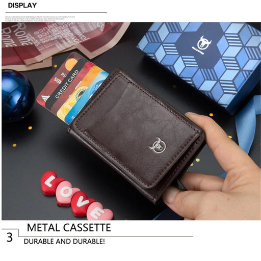 BULLCAPTAIN 464 Top Layer Cowhide Leather Men Wallet Automatic Pop Up Metal Card Case - Coffee - 2