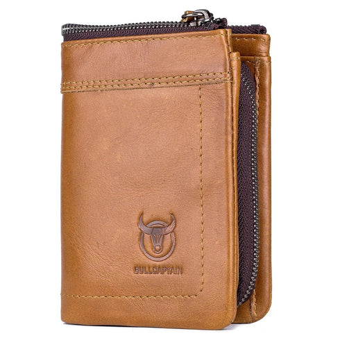 BULLCAPTAIN 051 Folding Wallet Top-Layer Cowhide Leather Card Carrying Pouch Coin Bag - Yellowish-brown - 1