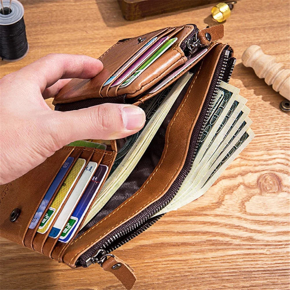 BULLCAPTAIN 051 Folding Wallet Top-Layer Cowhide Leather Card Carrying Pouch Coin Bag - Yellowish-brown - 4