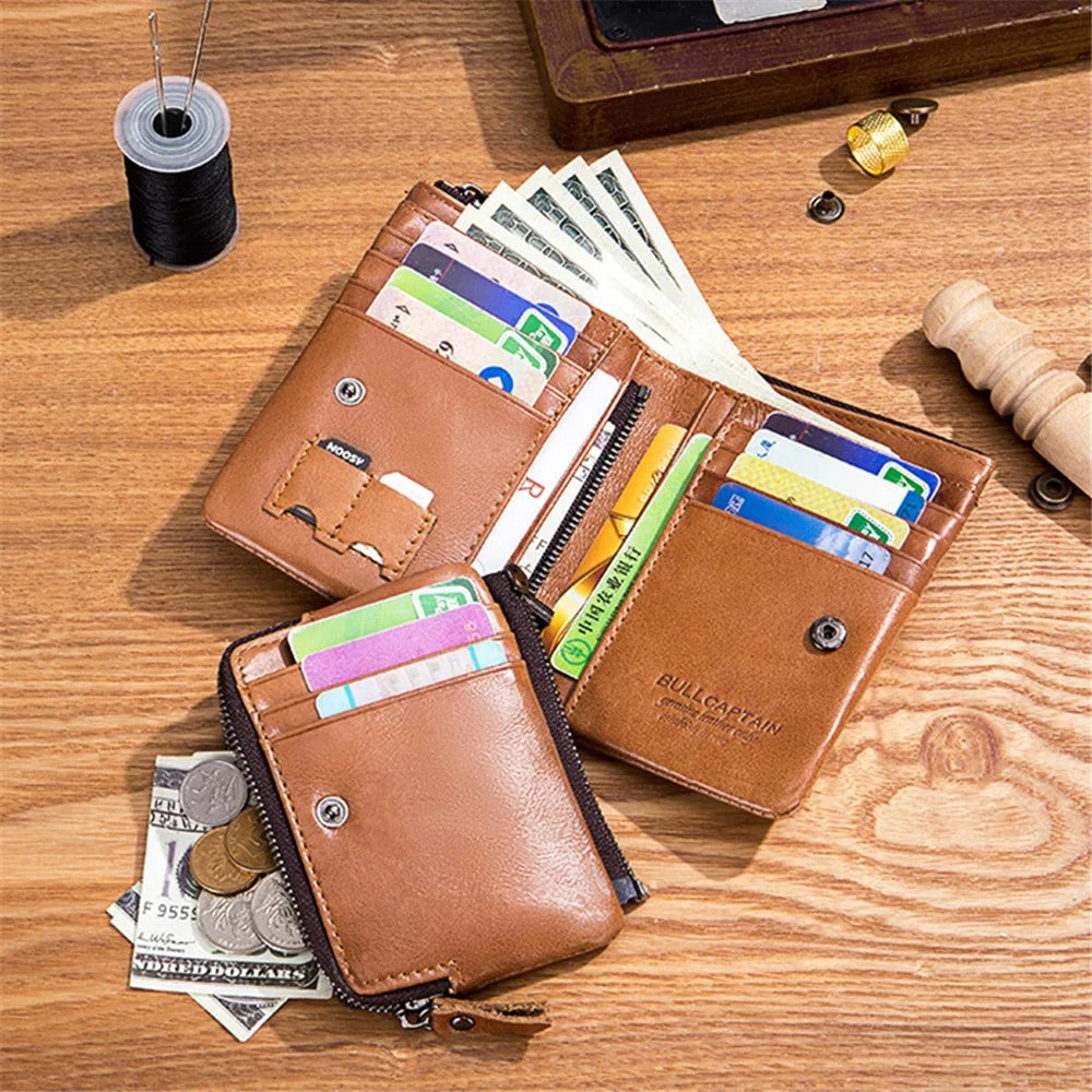 BULLCAPTAIN 051 Folding Wallet Top-Layer Cowhide Leather Card Carrying Pouch Coin Bag - Yellowish-brown - 5