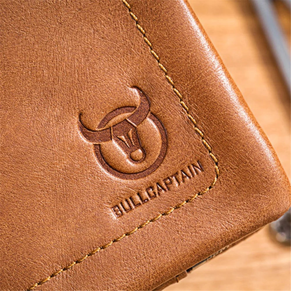 BULLCAPTAIN 051 Folding Wallet Top-Layer Cowhide Leather Card Carrying Pouch Coin Bag - Yellowish-brown - 7