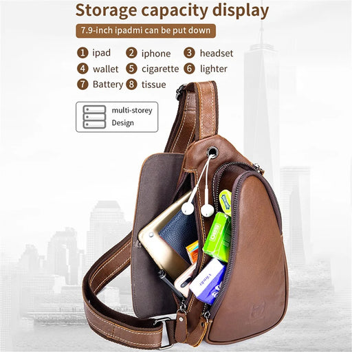 BULLCAPTAIN 125 Sport Casual Men Chest Bag Top Layer Cowhide Crossbody Single Shoulder Bag - Brown - 2