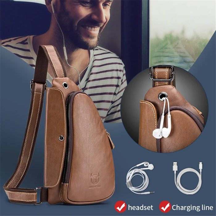 BULLCAPTAIN 125 Sport Casual Men Chest Bag Top Layer Cowhide Crossbody Single Shoulder Bag - Brown - 3