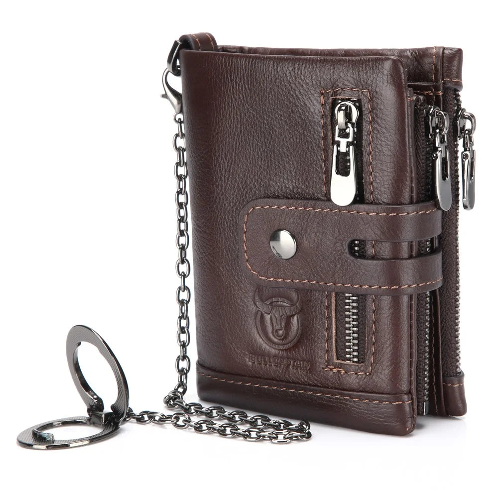 BULLCAPTAIN 04 Top Layer Cowhide Leather Men Short Wallet Multi Card Slots Wallet with Anti-theft Phone Stand Chain - Coffee - 1