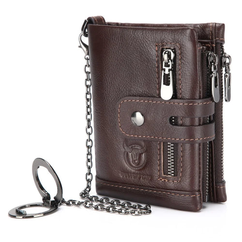 BULLCAPTAIN 04 Top Layer Cowhide Leather Men Short Wallet Multi Card Slots Wallet with Anti-theft Phone Stand Chain - Coffee - 1