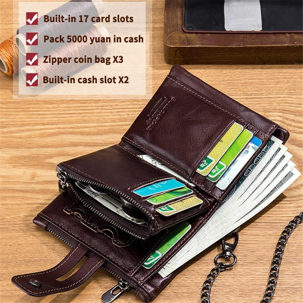BULLCAPTAIN 04 Top Layer Cowhide Leather Men Short Wallet Multi Card Slots Wallet with Anti-theft Phone Stand Chain - Coffee - 2