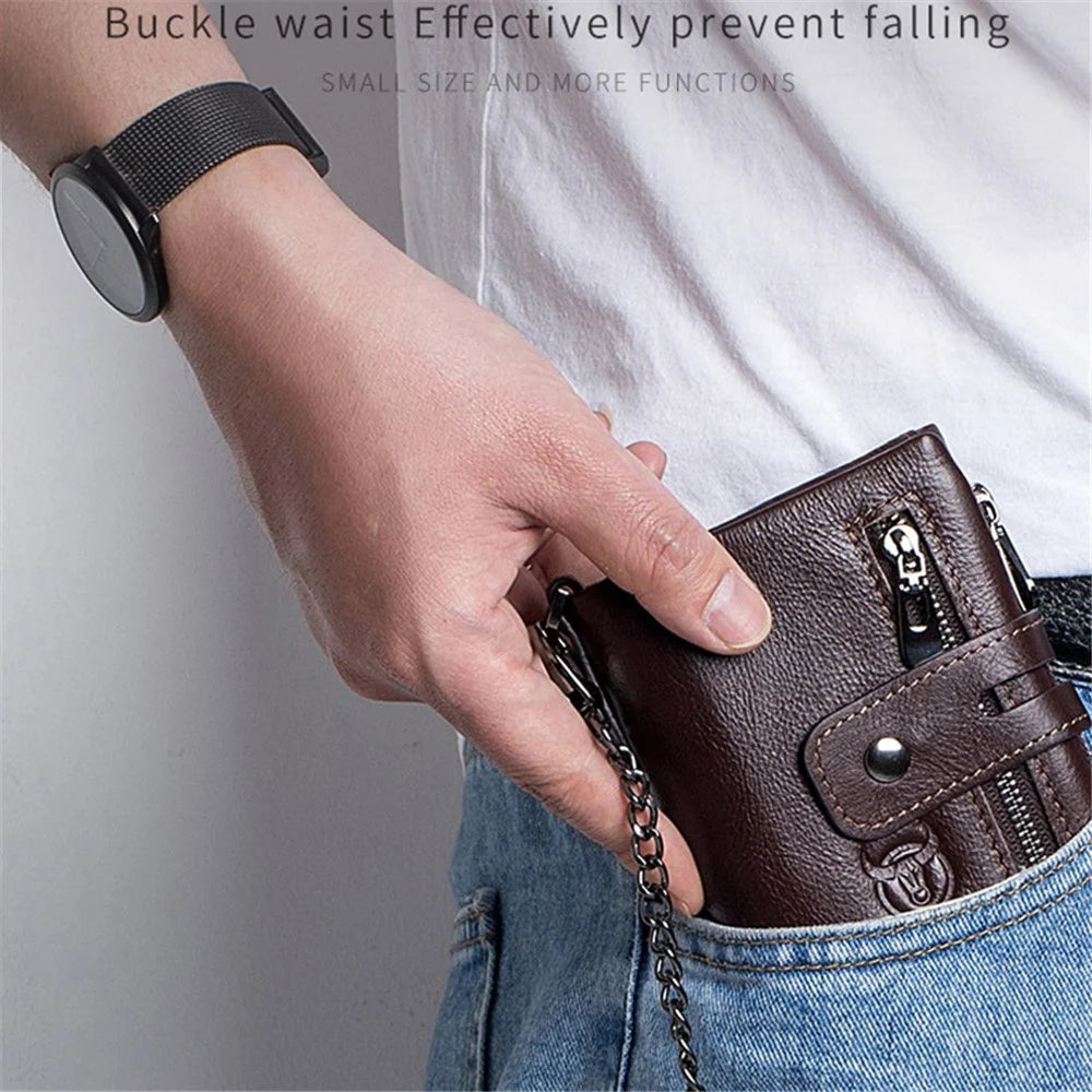 BULLCAPTAIN 04 Top Layer Cowhide Leather Men Short Wallet Multi Card Slots Wallet with Anti-theft Phone Stand Chain - Coffee - 3