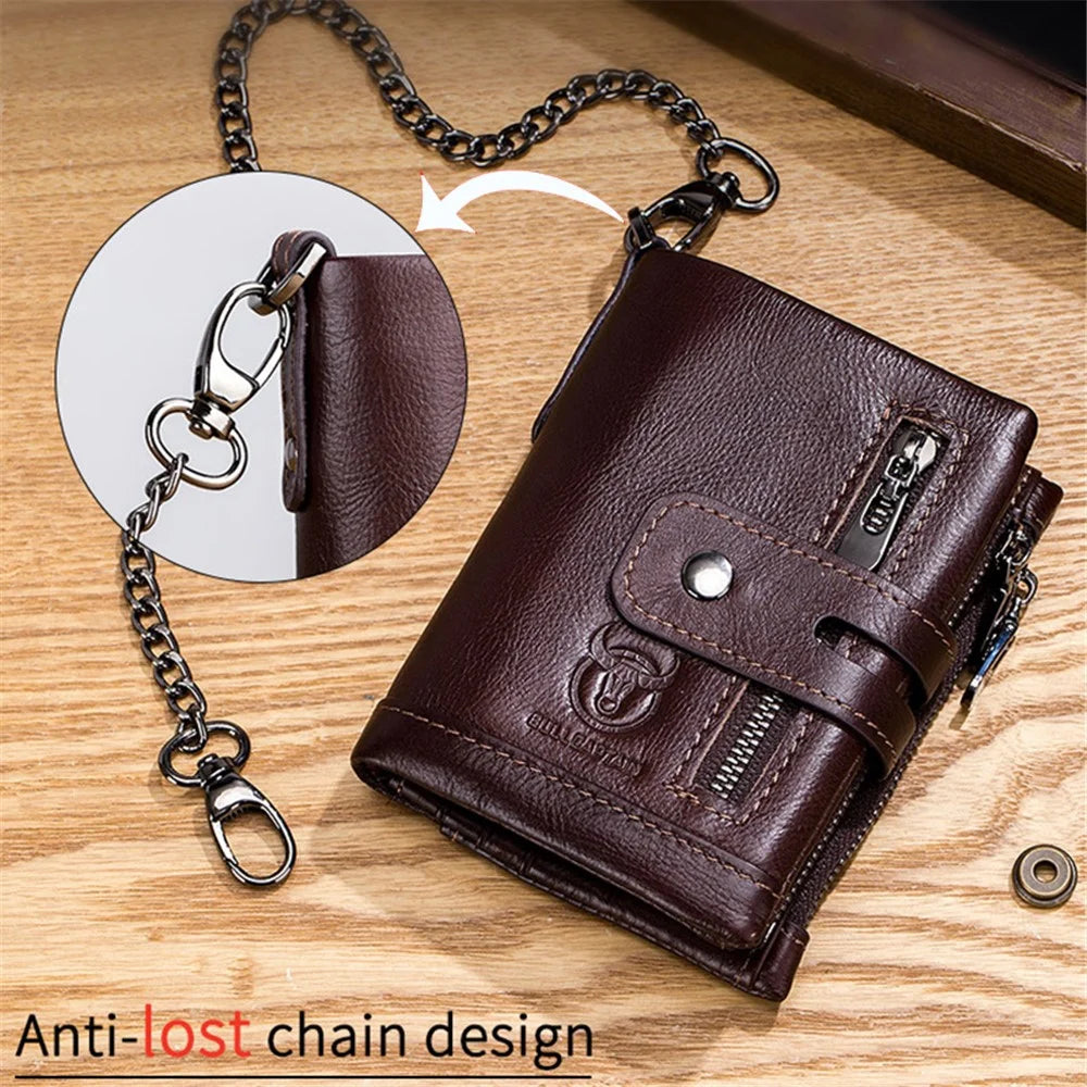 BULLCAPTAIN 04 Top Layer Cowhide Leather Men Short Wallet Multi Card Slots Wallet with Anti-theft Phone Stand Chain - Coffee - 4