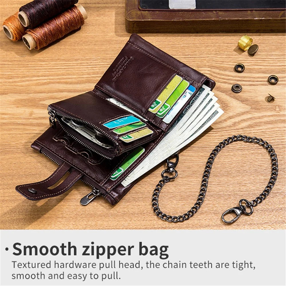 BULLCAPTAIN 04 Top Layer Cowhide Leather Men Short Wallet Multi Card Slots Wallet with Anti-theft Phone Stand Chain - Coffee - 5