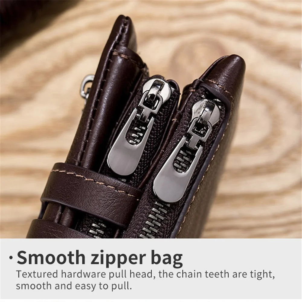 BULLCAPTAIN 04 Top Layer Cowhide Leather Men Short Wallet Multi Card Slots Wallet with Anti-theft Phone Stand Chain - Coffee - 6