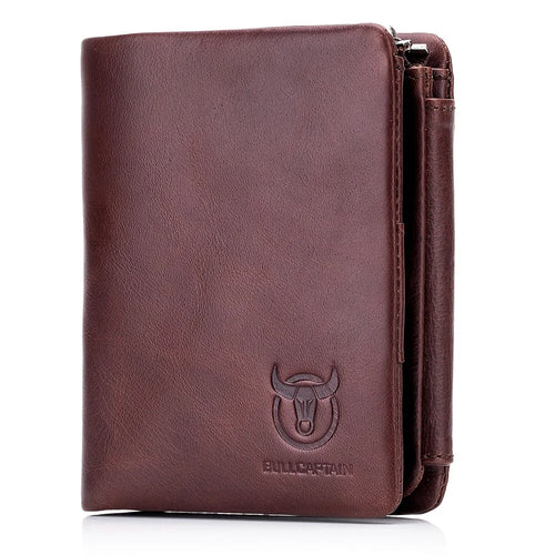 BULLCAPTAIN 02 Top Layer Cowhide Leather Men Tri-fold Wallet Cards Photo Cash Carrying Bag - Coffee - 1