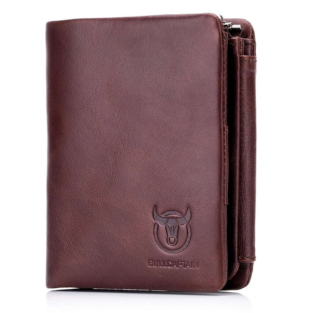 BULLCAPTAIN 02 Top Layer Cowhide Leather Men Tri-fold Wallet Cards Photo Cash Carrying Bag - Coffee - 1