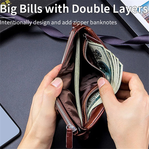 BULLCAPTAIN 02 Top Layer Cowhide Leather Men Tri-fold Wallet Cards Photo Cash Carrying Bag - Coffee - 2